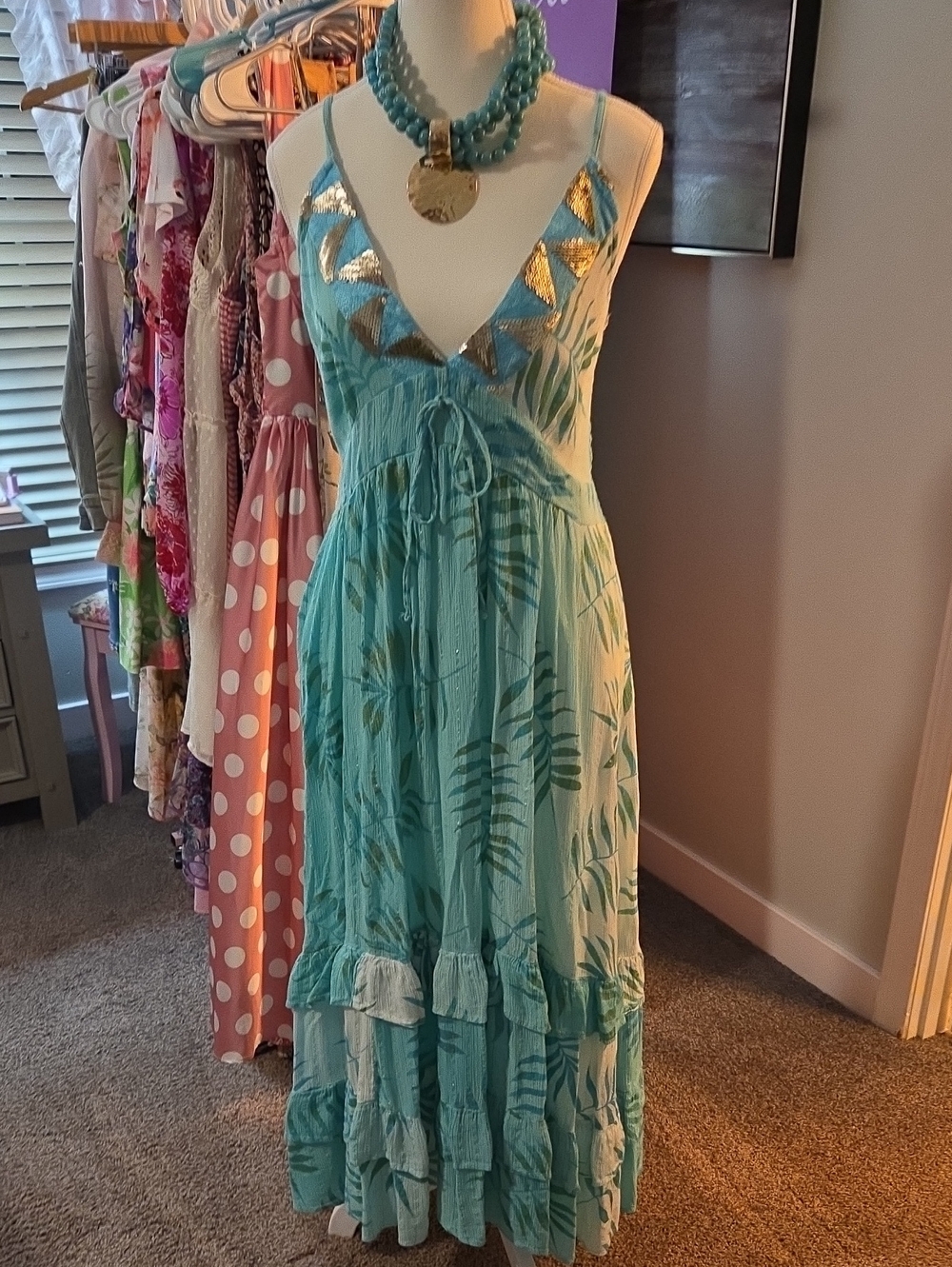 Turquoise Leaf-Print Maxi Dress with Gold Sequin Accent Maxi